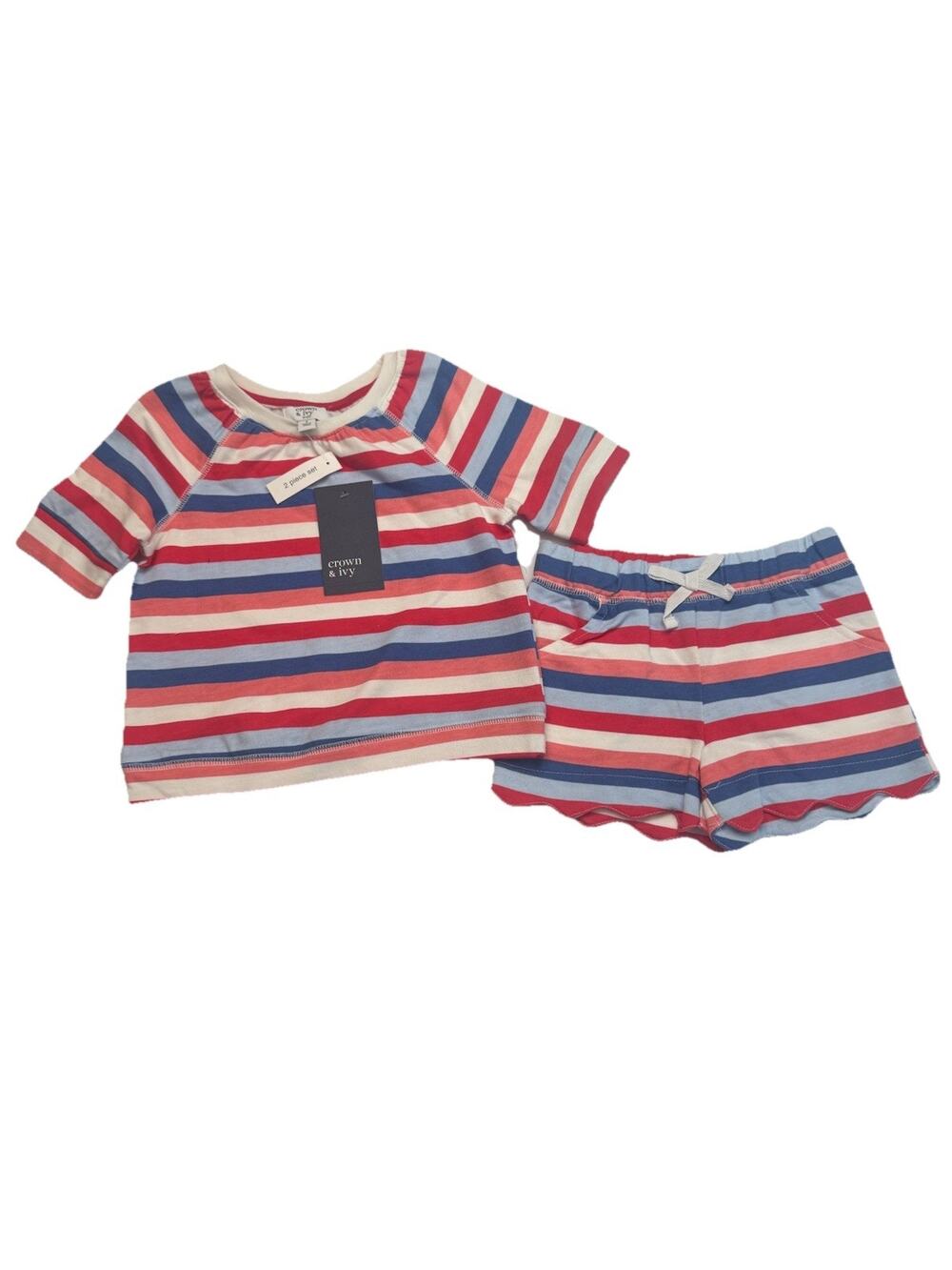 Crown & Ivy Girls Size 5 Patriotic Stripe Top Shorts Set Red White Blue NWT